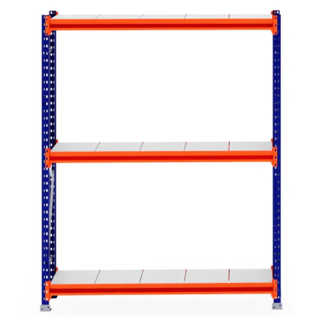 RackZone Longspan Shelving, 400mm steel panels, orange-blue frame, 3 shelves.