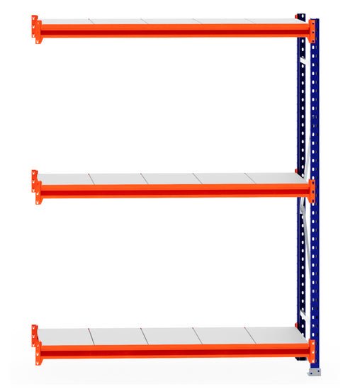 RackZone Longspan Shelving Extender, steel, 3 tiers, orange beams & blue frame.