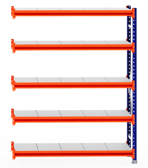 RackZone Longspan Shelving Extender, 400mm steel shelves, orange beams.