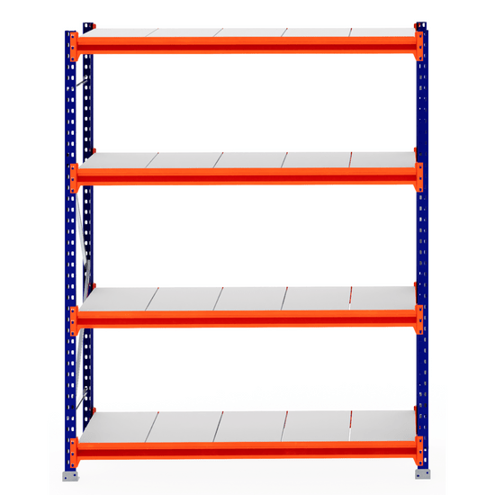 RackZone Longspan Shelving Starter, 5 shelves, blue frame, orange supports.