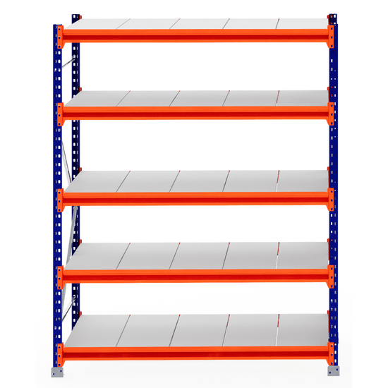 RackZone Longspan Shelving Starter, 5-tier, steel panels, blue frame, 800mm depth.