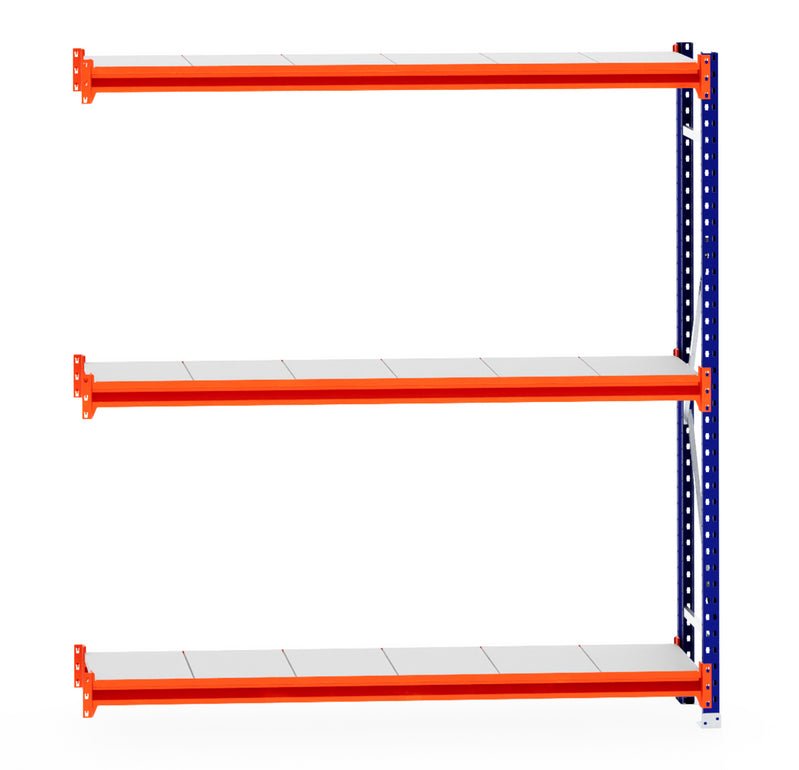 RackZone Longspan Shelving Extender, 400mm steel shelves, orange beams.