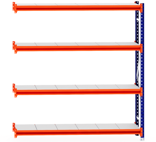 RackZone Longspan Extender, 4-tier steel shelving, 400mm depth, orange beams.