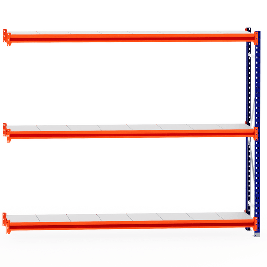RackZone Longspan Shelving Extender, 400mm steel panels, orange beams.