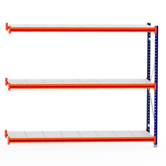 RackZone Longspan Shelving 600mm Steel Extender with orange beams, blue frame.