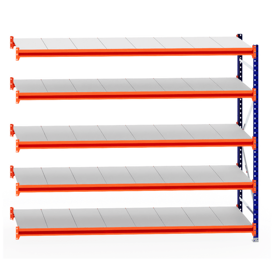RackZone Longspan Extender, 6-tier steel shelving with orange beams, grey shelves.