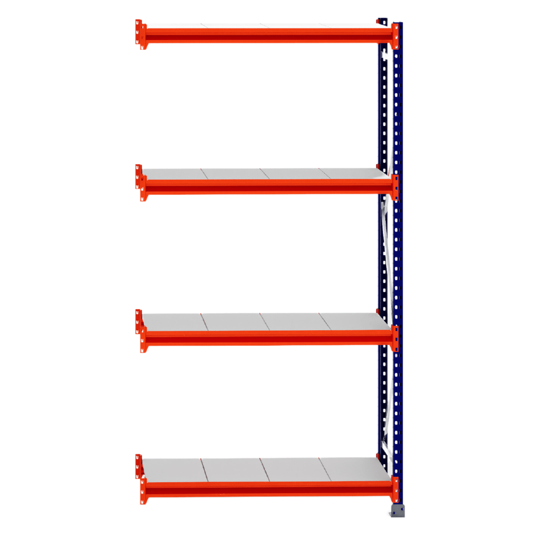 RackZone Longspan Extender, 4-tier steel shelving, 400mm depth, gray/orange.
