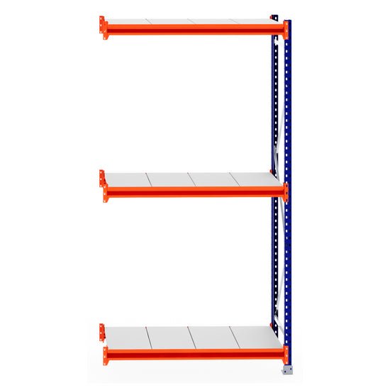 RackZone Longspan Extender: steel shelving, 3 orange shelves, blue frame.
