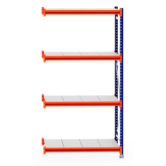 RackZone Longspan Shelving Extender, 4 orange & white steel shelves, front view.