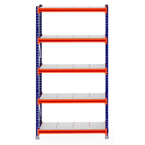 RackZone Longspan Shelving Starter, 600mm deep, steel panels, blue & orange.