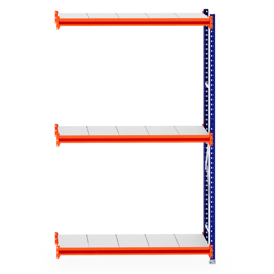 RackZone Longspan Shelving Extender, 400mm steel panels, orange beams.