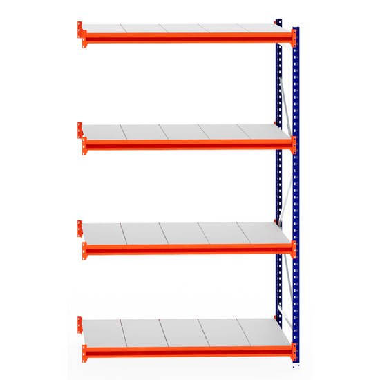 RackZone Longspan Shelving Extender, steel panels, orange/blue frame, 800mm deep.