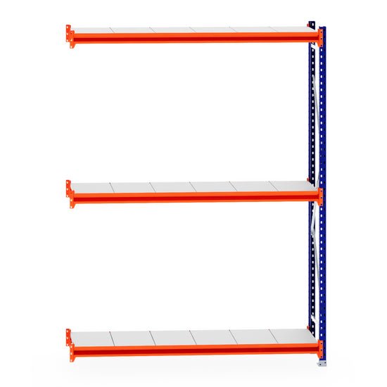 RackZone Longspan Shelving 400mm Extender with steel panels, orange and blue.