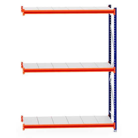 RackZone Longspan Shelving 600mm Steel Extender with blue and orange frame.