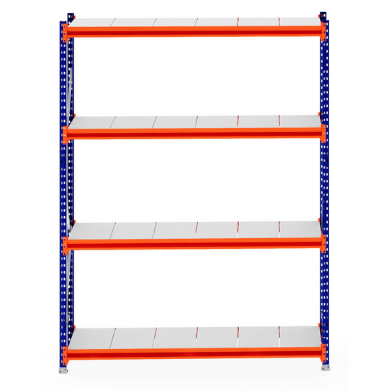 RackZone Longspan Shelving, 4 shelves, blue-orange steel panels, 600mm deep.