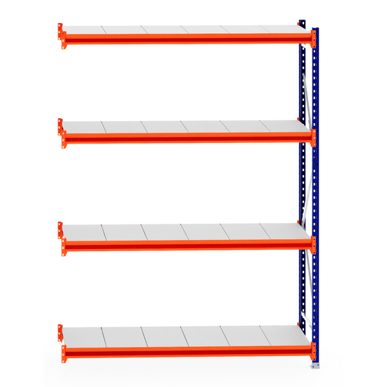 RackZone Longspan 600mm Steel Extender with orange beams, white shelves.