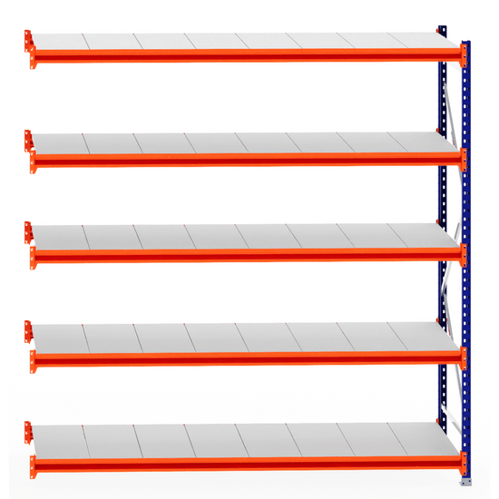 RackZone Longspan Extender: 6-tier steel shelving, 800mm depth, orange supports.