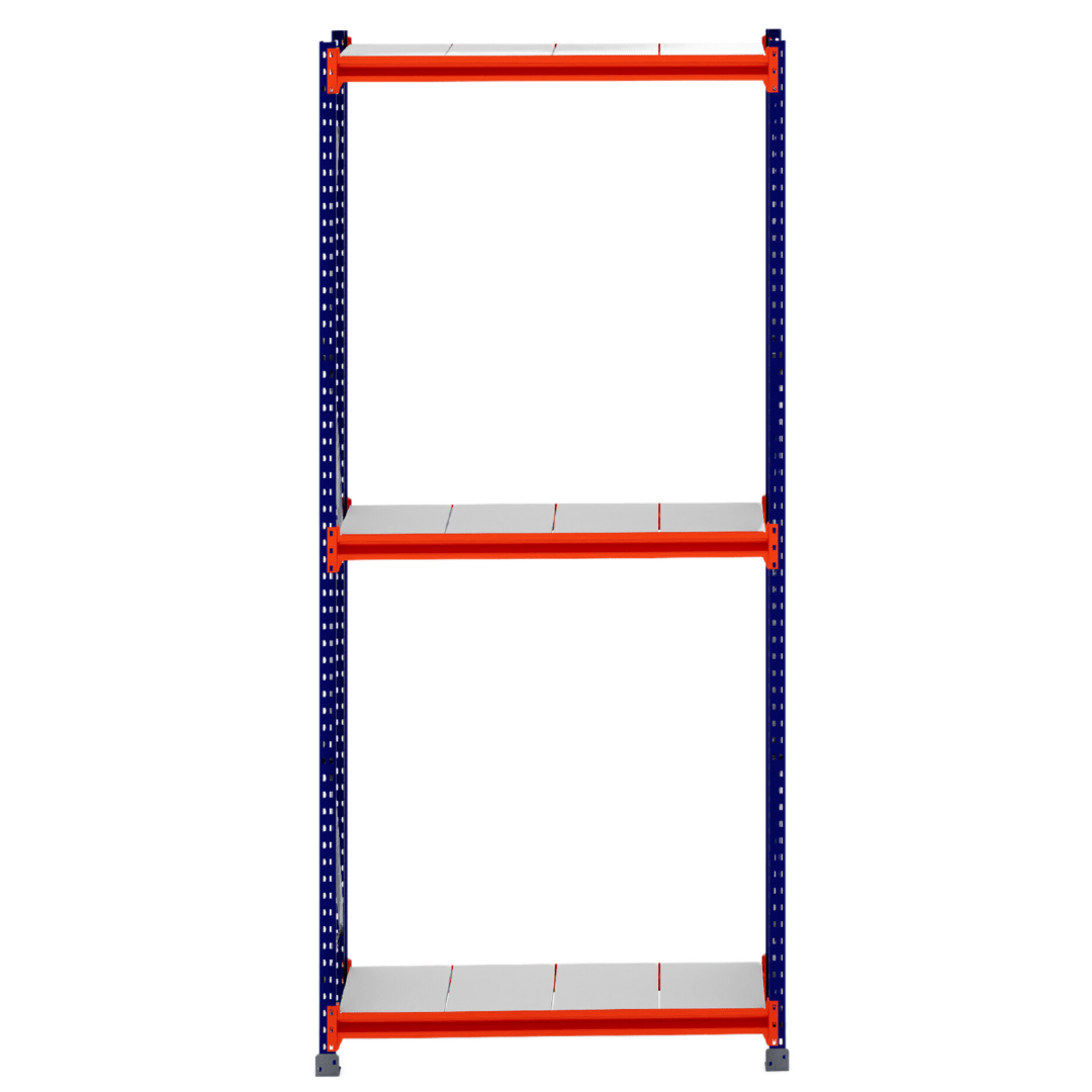 RackZone Longspan Shelving, 3-shelf steel panels, blue-orange frame, 400mm deep.