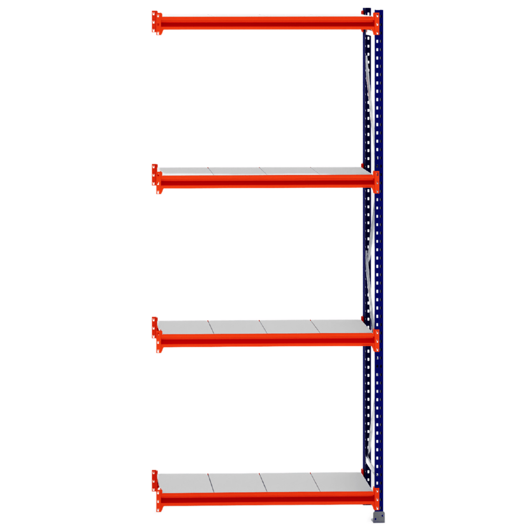 RackZone Longspan Extender, 400mm steel shelves with orange beams.