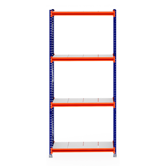 RackZone Longspan Shelving Starter, 600mm deep, steel panels, blue/orange.