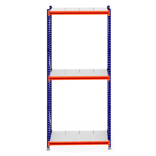 RackZone Longspan Starter, 800mm deep, blue frame, orange steel panels, empty.