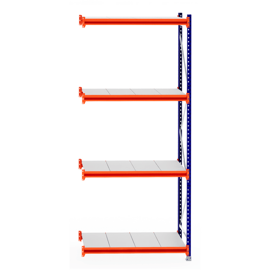 RackZone Longspan Shelving Extender, 800mm steel panels, orange beams.