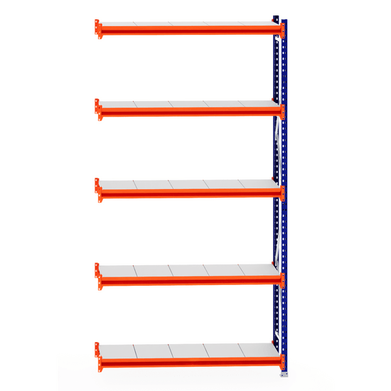 RackZone Longspan Shelving Extender, 400mm steel shelves, side view.