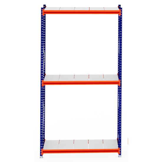 RackZone Longspan Shelving 600mm Starter with steel panels, orange and blue.