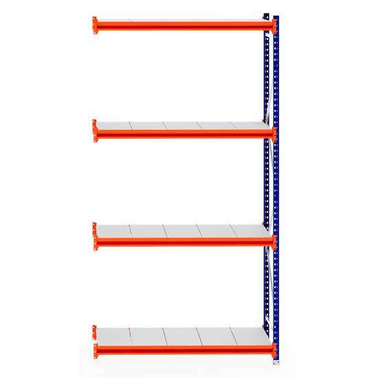 RackZone Longspan Shelving 600mm Steel Extender with orange beams, white shelves.