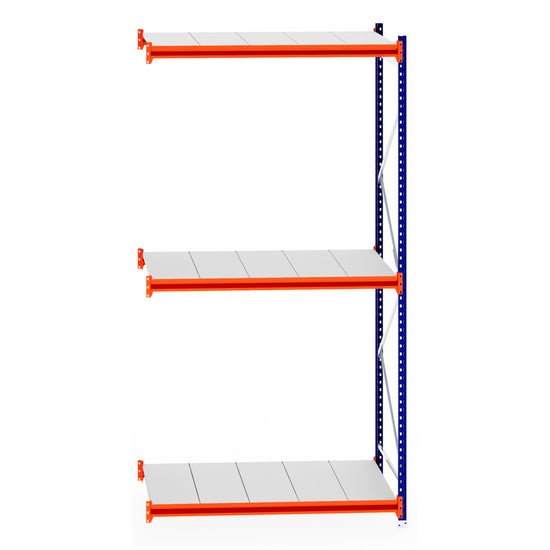 RackZone Longspan Shelving Extender, 800mm deep steel panels, orange frame.