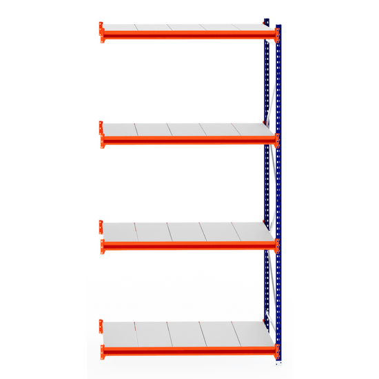 RackZone Longspan Extender: 4-tier steel shelving, orange supports, white shelves.
