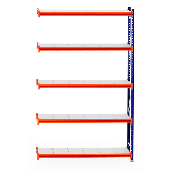 RackZone Longspan Shelving Extender, 400mm steel, five empty shelves, front view.