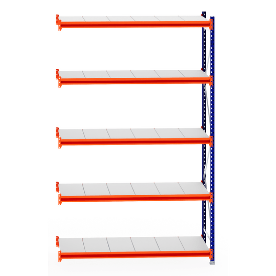 RackZone Longspan Extender, 5-tier shelving with orange beams and steel shelves.