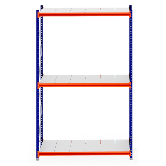 RackZone Longspan 800mm Steel Panel Starter Shelving, blue and orange frame.