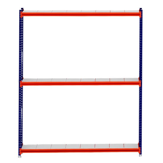 RackZone Longspan Shelving 400mm, blue frame & orange steel panels, starter unit.