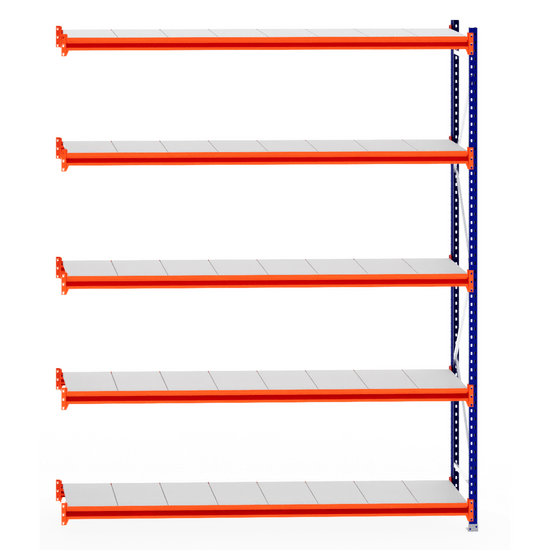RackZone Longspan Shelving Extender, 600mm depth, steel panels, orange/blue.