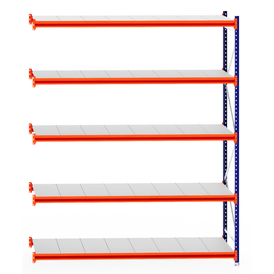 RackZone Longspan 800mm Steel Shelving Extender with grey shelves, orange beams.