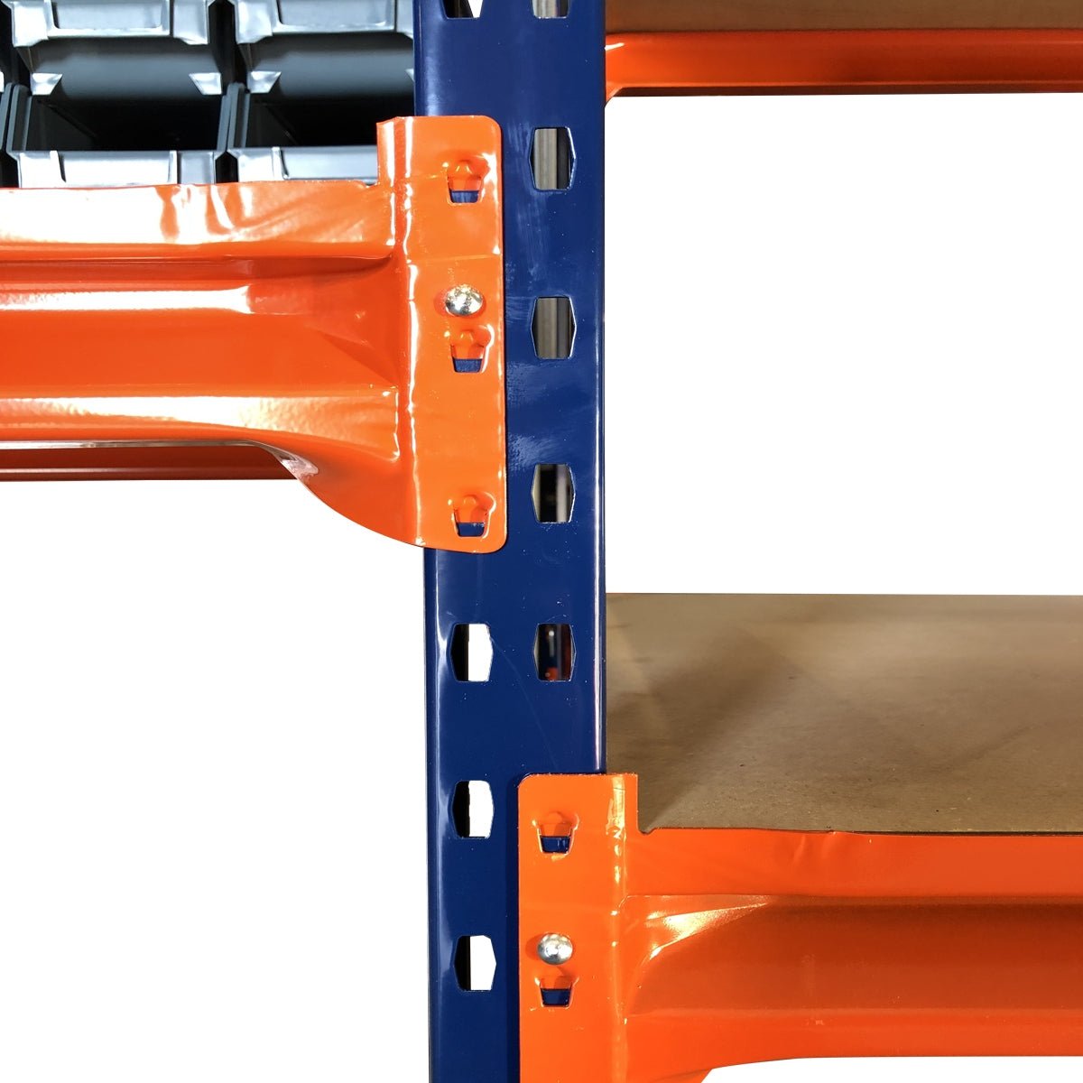 Close-up of RackZone Longspan shelving with built-in workbench and wood panels.