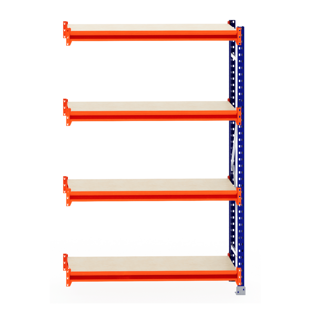 RackZone Longspan Shelving, 400mm, timber extender, 5 beige shelves, orange frame.