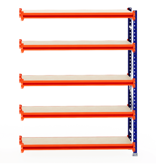 RackZone Longspan Shelving 400mm with laminated timber, orange and blue frame.