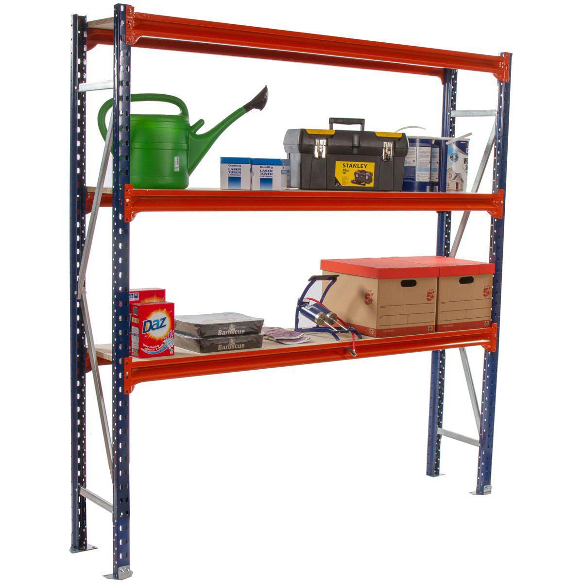 RackZone Longspan Kit: 3-level timber shelves, 5 bays, incl. delivery.