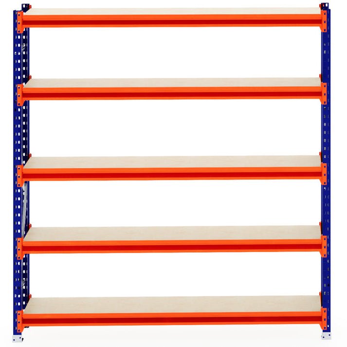 RackZone Longspan Shelving 400mm Laminated Timber Starter, blue and orange frame.