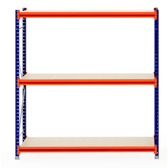 RackZone Longspan Shelving 800mm with three laminated timber shelves, empty.