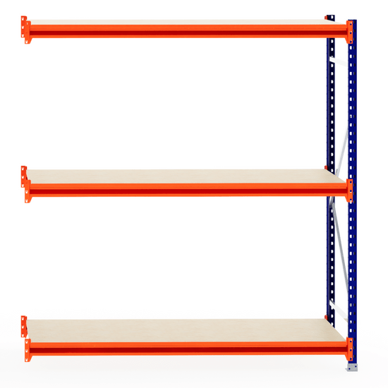 RackZone Longspan 800mm Timber Shelf Extender with orange beams, metal frame.