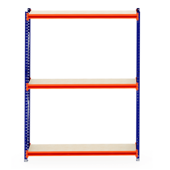 RackZone Longspan Shelving, 3 timber shelves, blue-orange frame, 400mm depth.