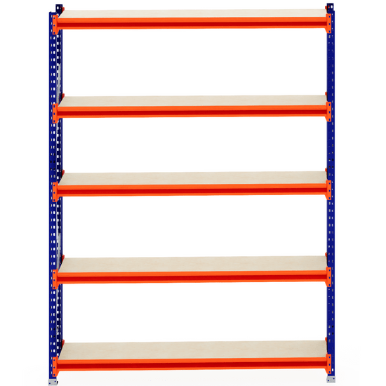 RackZone Longspan Shelving 400mm Depth Laminated Timber - 6 tiers, blue/orange.