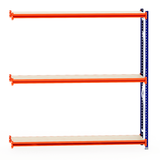 RackZone Longspan Shelving 400mm Laminate Extender with orange and blue frame.