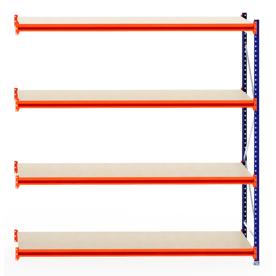 RackZone Longspan Shelving Extender, 4-tier, orange/blue frame, 800mm depth.