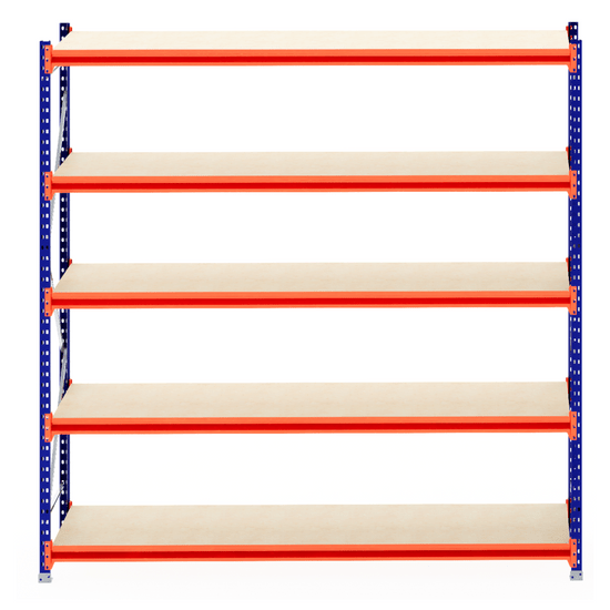 RackZone Longspan Shelving, blue & orange, 800mm deep laminated timber.