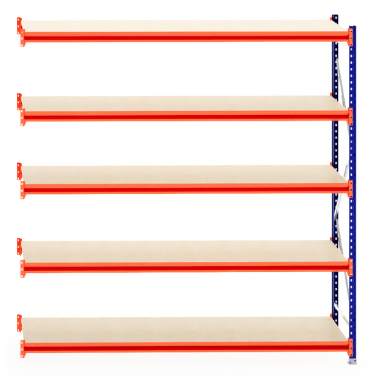 RackZone Longspan 6-tier shelving, 800mm deep timber shelves, front view.